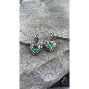 Vintage 1980s Statement Green Gem Earrings Heart Stud Silver Tone Love Romantic